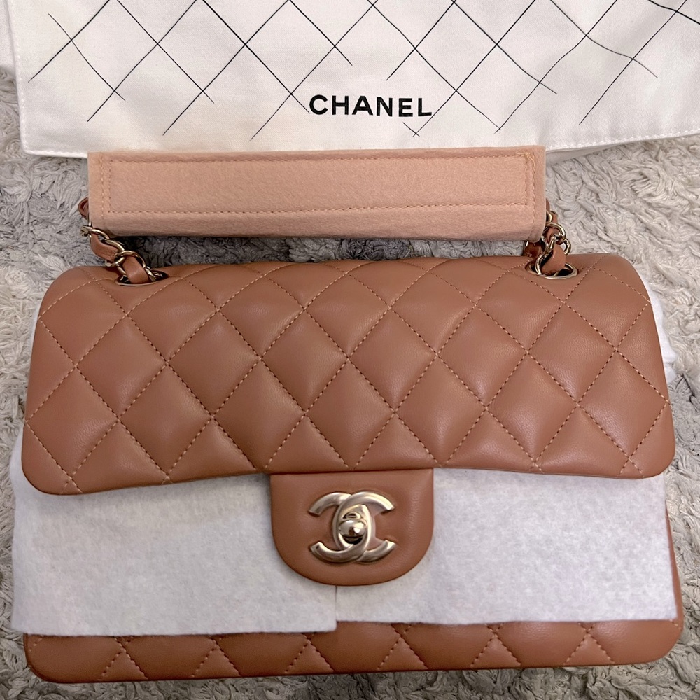 New CHANEL Caramel / Brown Small Classic Double Flaps Handbag Bag Gold Hardware